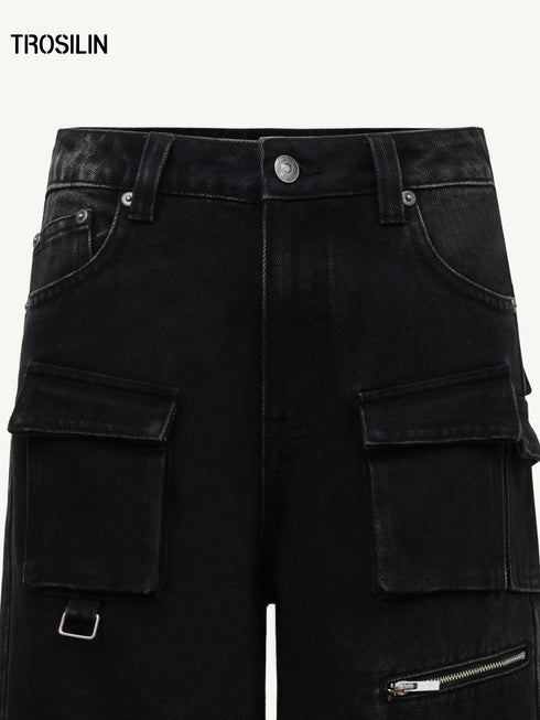 Multi-Pocket Straight-Leg Cargo Denim Jeans