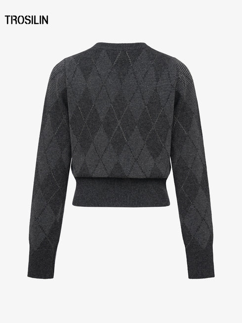Sparkle Plaid Diamond Check Embellished Wool Cardigan