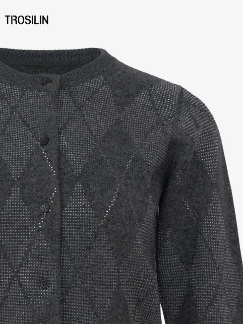 Sparkle Plaid Diamond Check Embellished Wool Cardigan