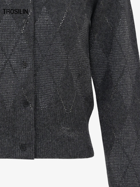 Sparkle Plaid Diamond Check Embellished Wool Cardigan
