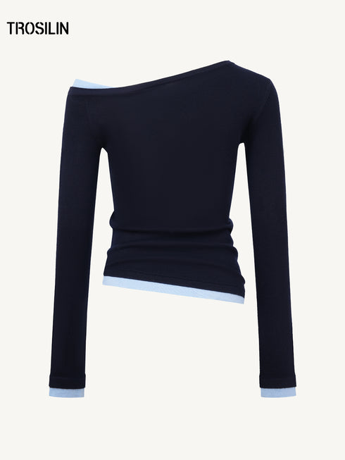 Color-Block Patchwork One-Shoulder Knit Top