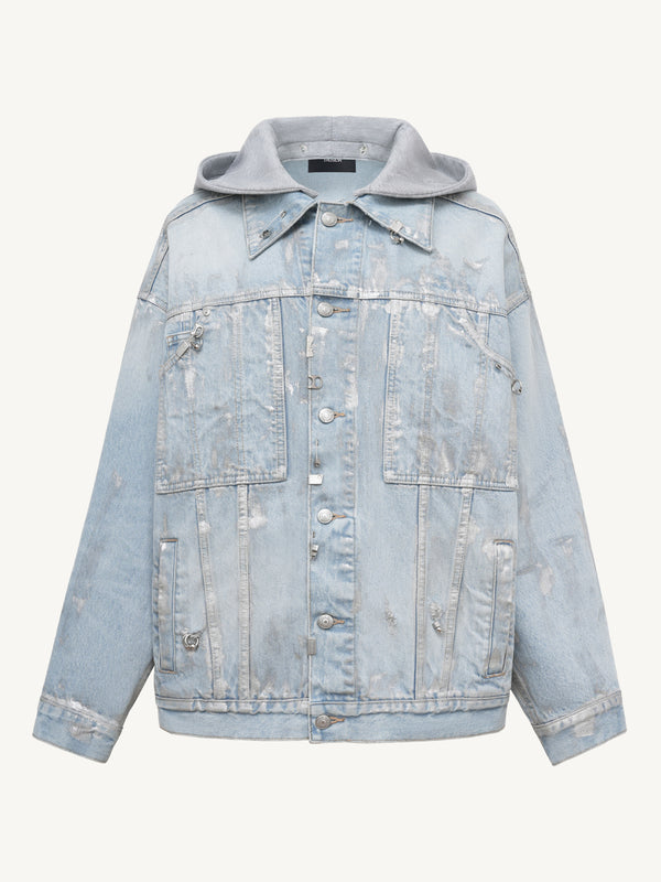 “Blue Tone Ring Stud” Deconstructed Denim Jacket