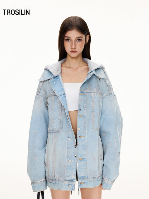 “Blue Tone Ring Stud” Deconstructed Denim Jacket