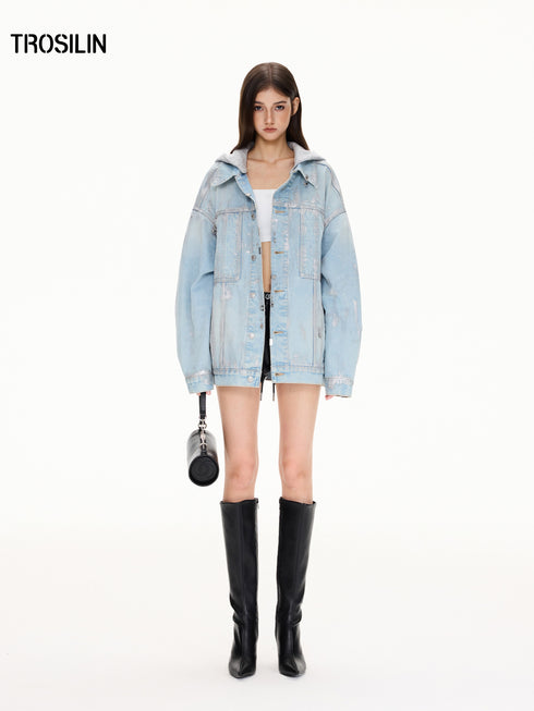 “Blue Tone Ring Stud” Deconstructed Denim Jacket
