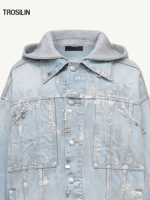 “Blue Tone Ring Stud” Deconstructed Denim Jacket