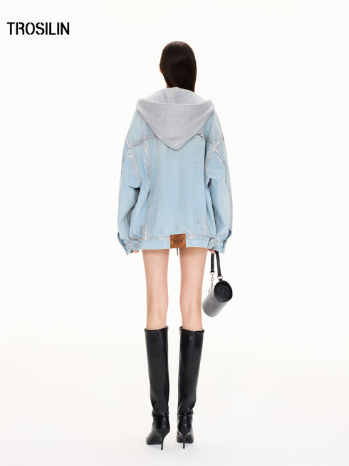 “Blue Tone Ring Stud” Deconstructed Denim Jacket
