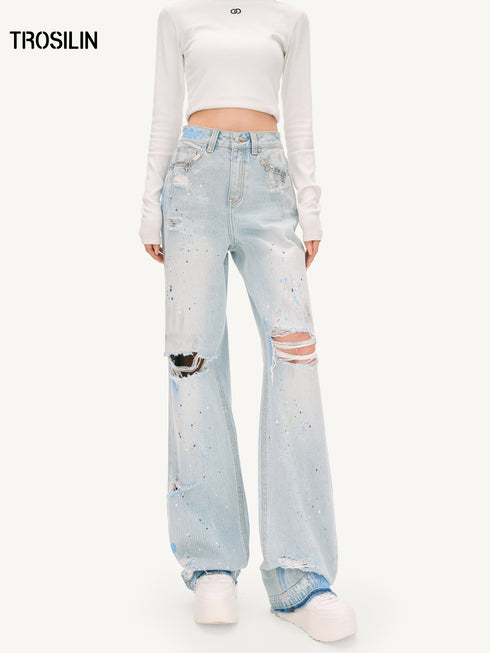 Distressed Paint-Splatter Jeans