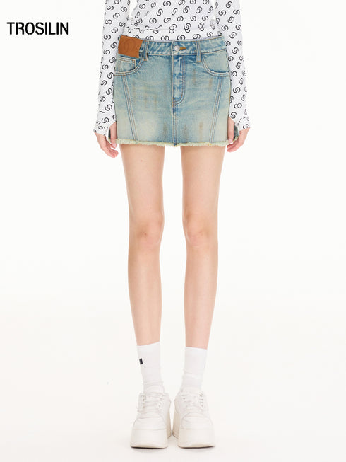 Double-Waist Mud-Dyed Vintage Mini Skirt