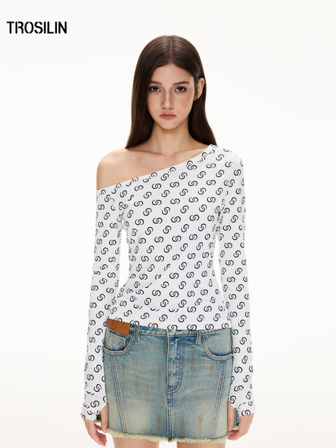 All-Over Print Asymmetric One-Shoulder T-Shirt