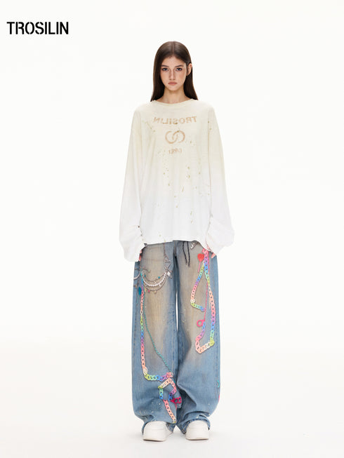 Ink Splatter Curved Wide-Leg Jeans