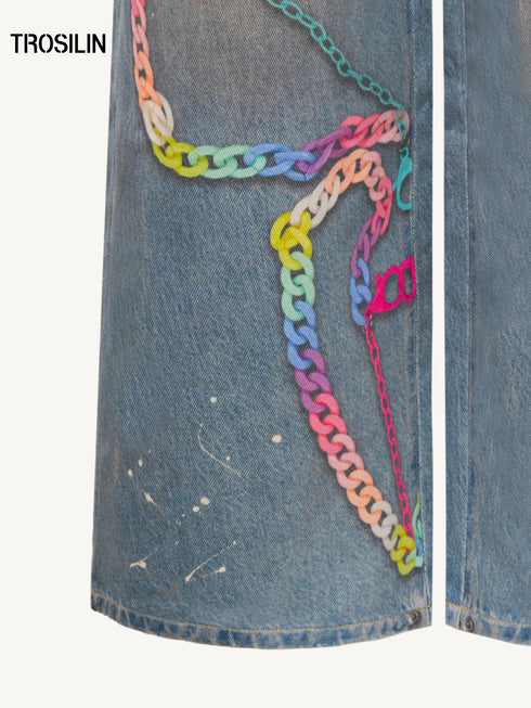 Ink Splatter Curved Wide-Leg Jeans