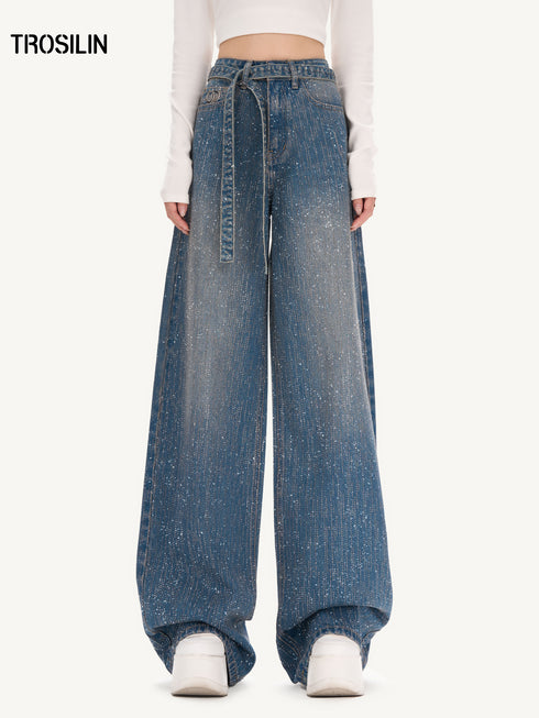 New Starry Rhinestone Wide-Leg Denim Pants