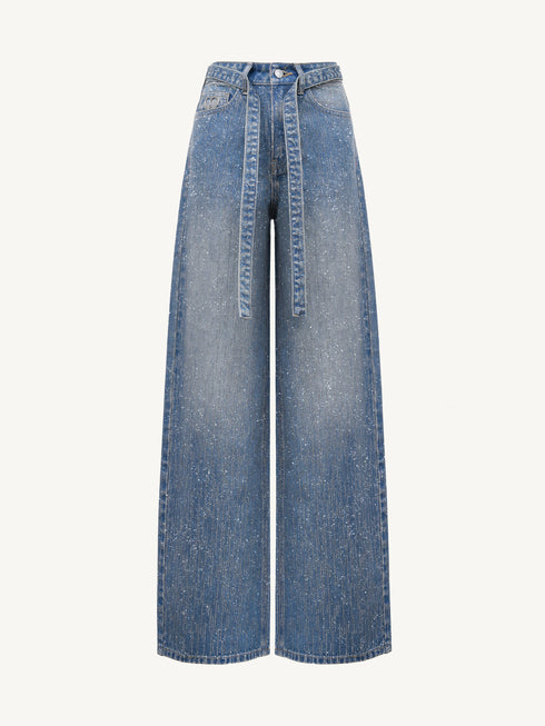 New Starry Rhinestone Wide-Leg Denim Pants