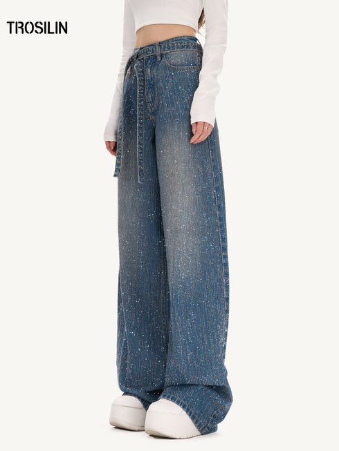 New Starry Rhinestone Wide-Leg Denim Pants