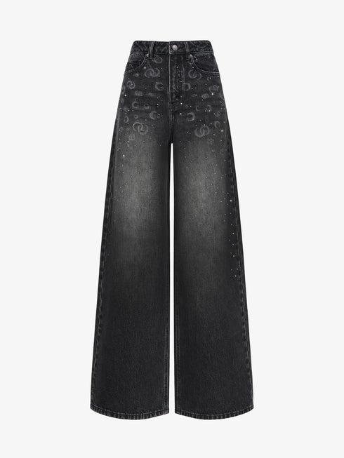Black Star & Moon Rhinestone High-Waist Wide-Leg Denim Jeans