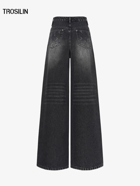 Black Star & Moon Rhinestone High-Waist Wide-Leg Denim Jeans