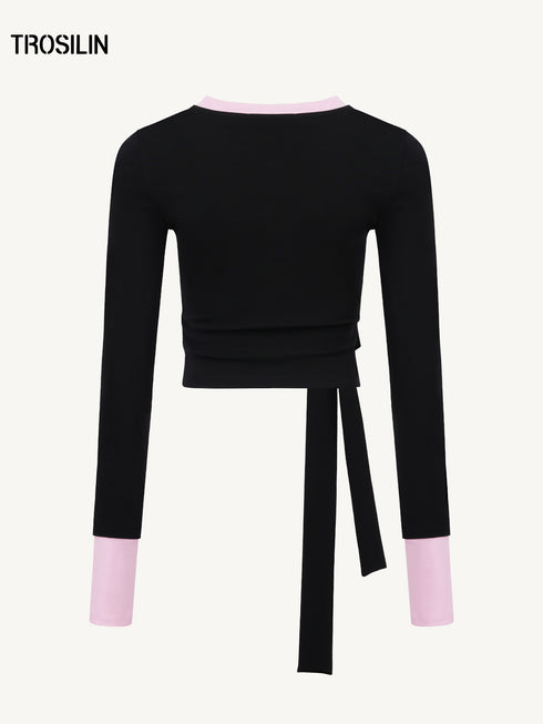 Contrast Lace-Up Long Sleeve Tee