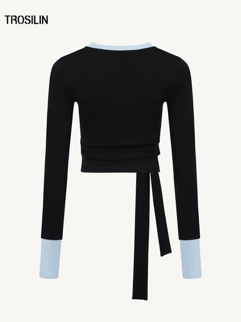 Contrast Lace-Up Long Sleeve Tee