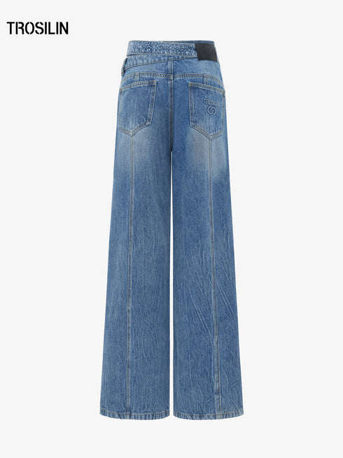 Crystal Strap Asymmetric Waist Wide-Leg Denim Jeans