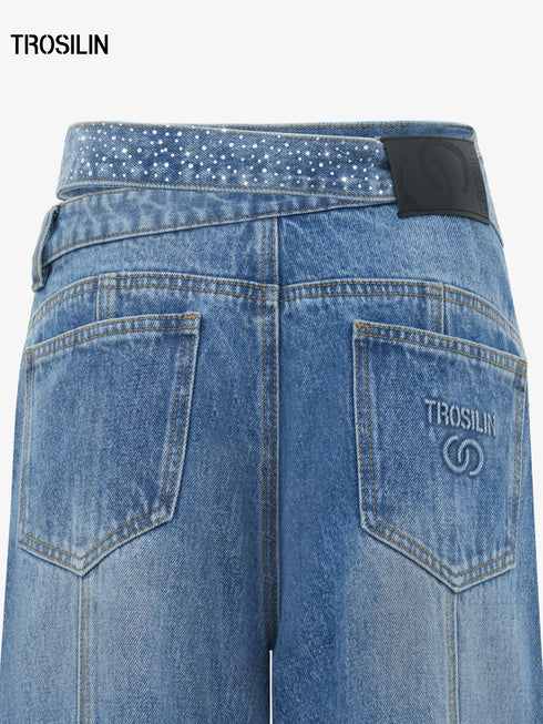 Crystal Strap Asymmetric Waist Wide-Leg Denim Jeans