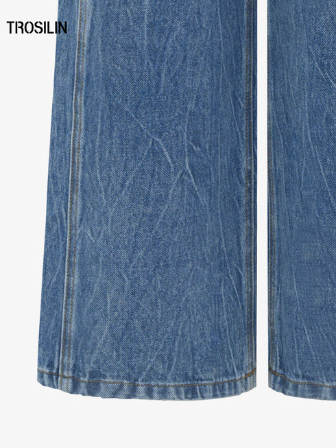 Crystal Strap Asymmetric Waist Wide-Leg Denim Jeans