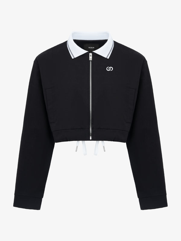 Black track-inspired cropped zip-up jacket