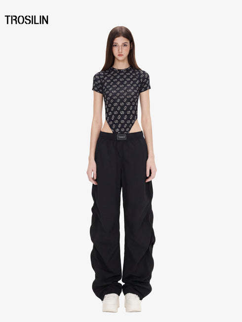 Black all-over print short sleeve bodysuit