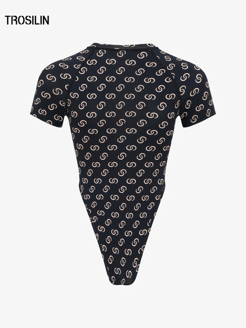 Black all-over print short sleeve bodysuit