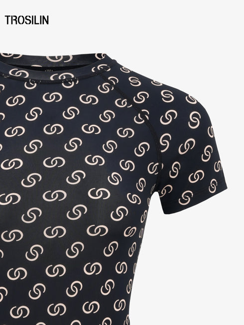 Black all-over print short sleeve bodysuit