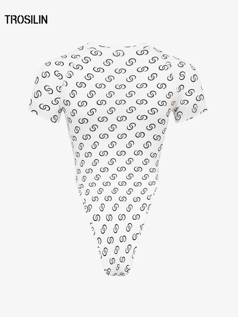 White all-over print short sleeve bodysuit