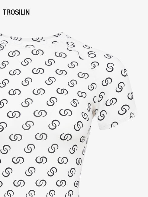 White all-over print short sleeve bodysuit